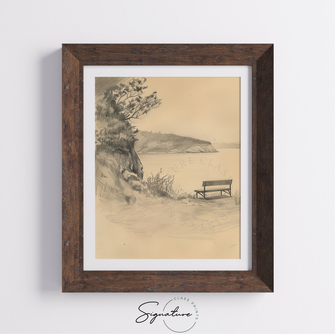 Secluded Cove Overlook Bench Cliff Sepia Landscape Sketch Poster - Image 4
