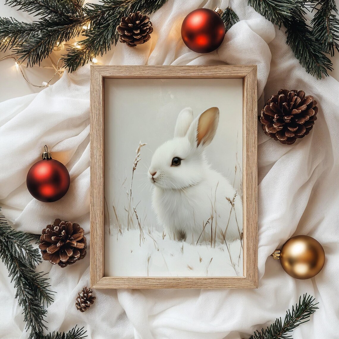 White Rabbit In Snowy Meadow With Winter Grasses Animal Art Poster - Image 4