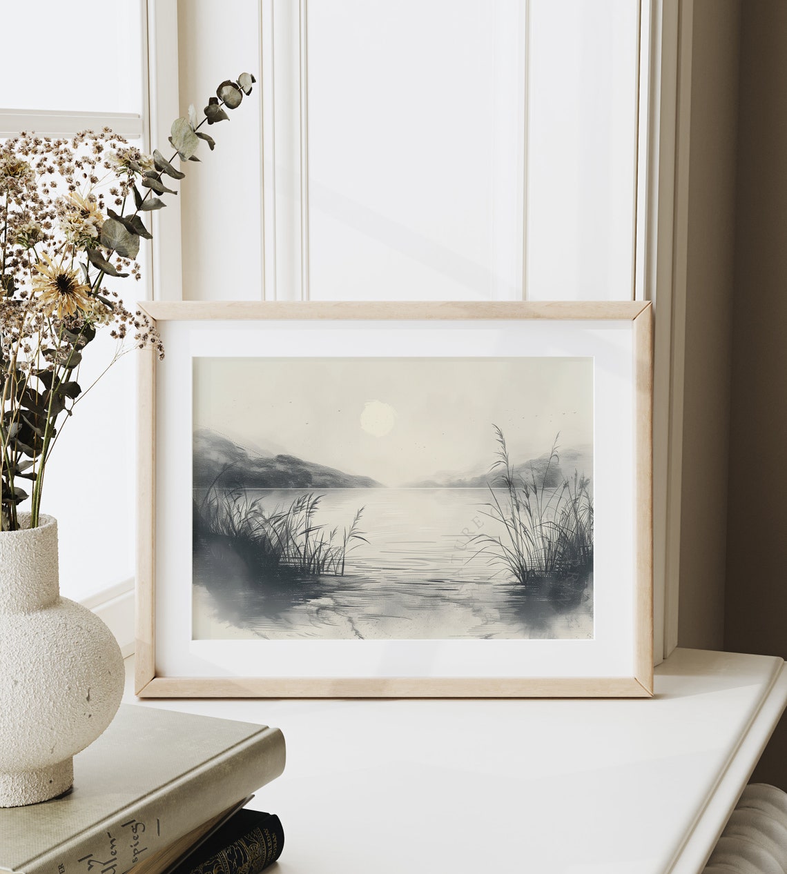 Quiet Lake At Dawn Serene Monochrome Ink Sketch Landscape Poster - Image 6