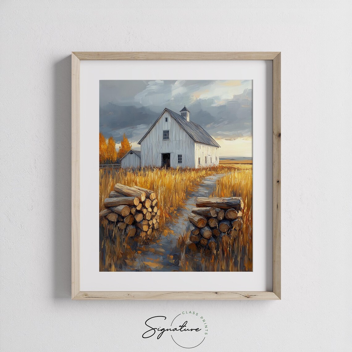 White Barn With Stacked Firewood in Golden Wheat Under Stormy Sky Wall Art - Image 3