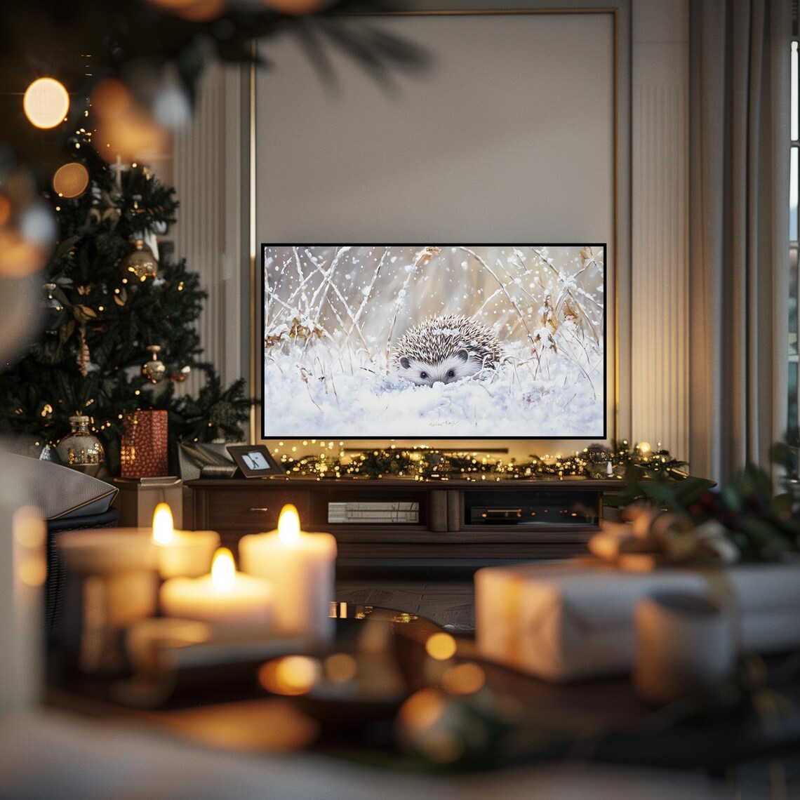 Cozy Cute Hedgehog In Falling Snow Winter Wildlife TV Art Poster - Image 6