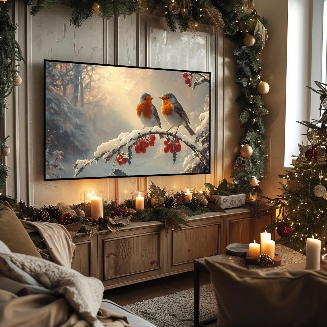 Two Robins on Snowy Holly Branch With Red Berries Christmas Poster - Image 3