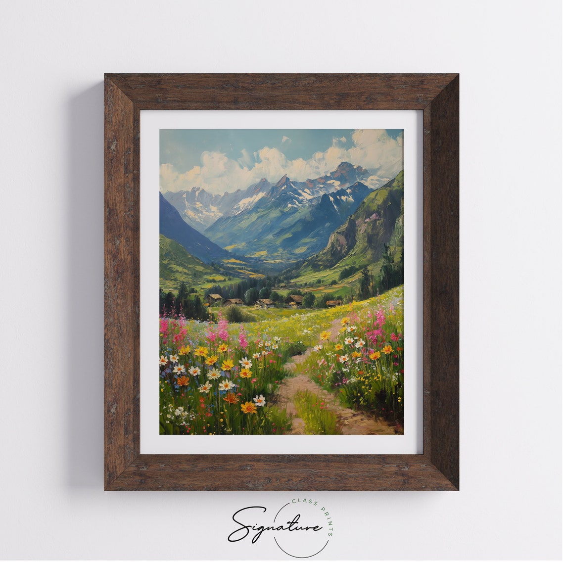 Spring Alpine Valley Flower Path Toward Cabins And Snowy Peaks Poster - Image 4
