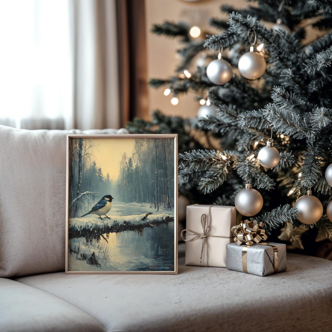 Blue Tit Perched on a Snow-Covered Log in a Misty Winter Forest Poster - Image 5