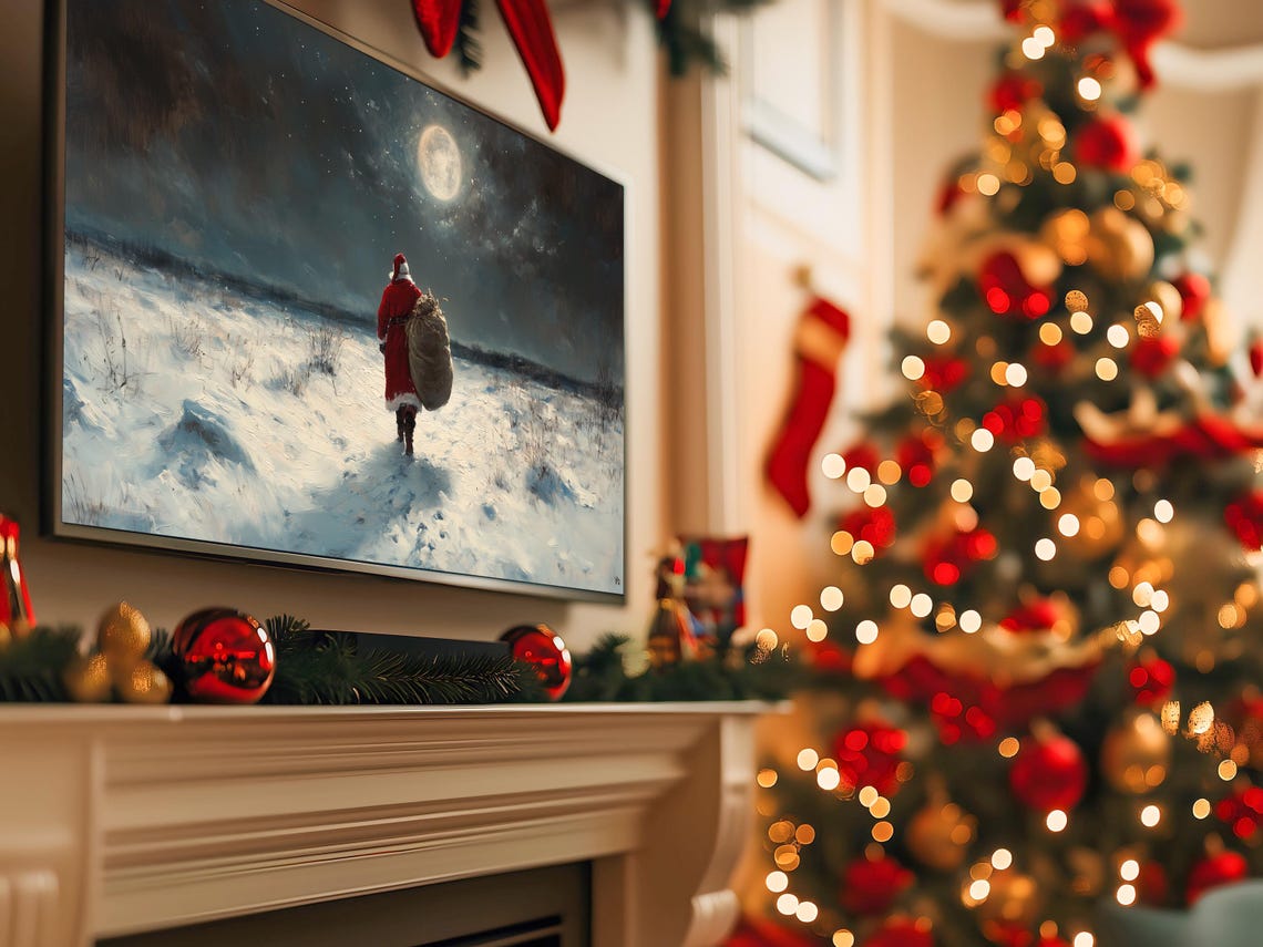 Santa Walking Under Full Moon Moonlit Snowy Field Gift Sack Poster - Image 5