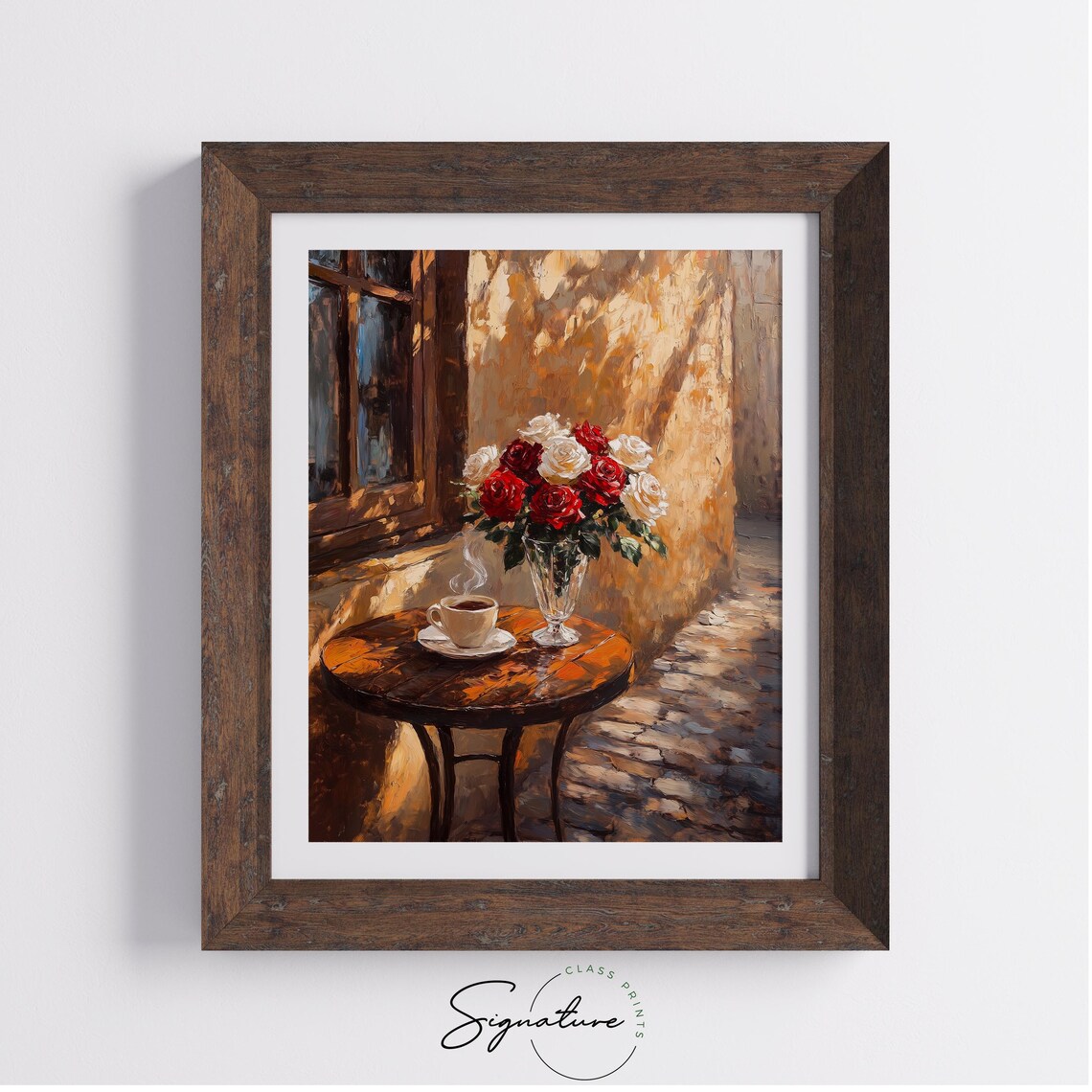 Sunlit Coffee Shop Patio With Roses, Rustic Scene Art Print - Image 4