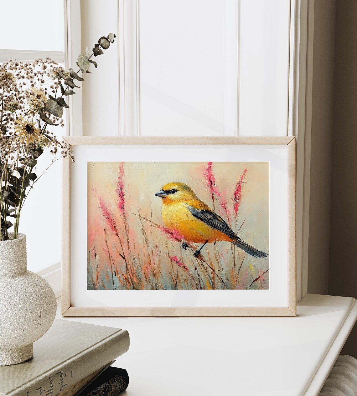 Bright Goldfinch In Meadow Grasses Pastel Vintage Bird Painting Poster - Image 6