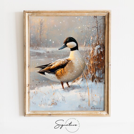 Northern Pintail Duck At Snowy Marsh Winter Wildlife Painting Poster