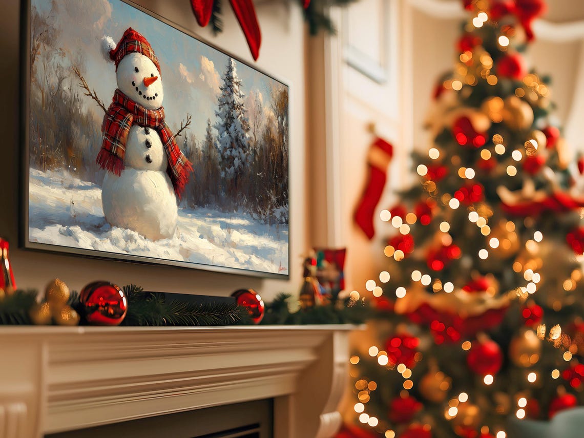 Cheerful Snowman in Plaid Hat and Scarf Snowy Landscape Art Poster - Image 5