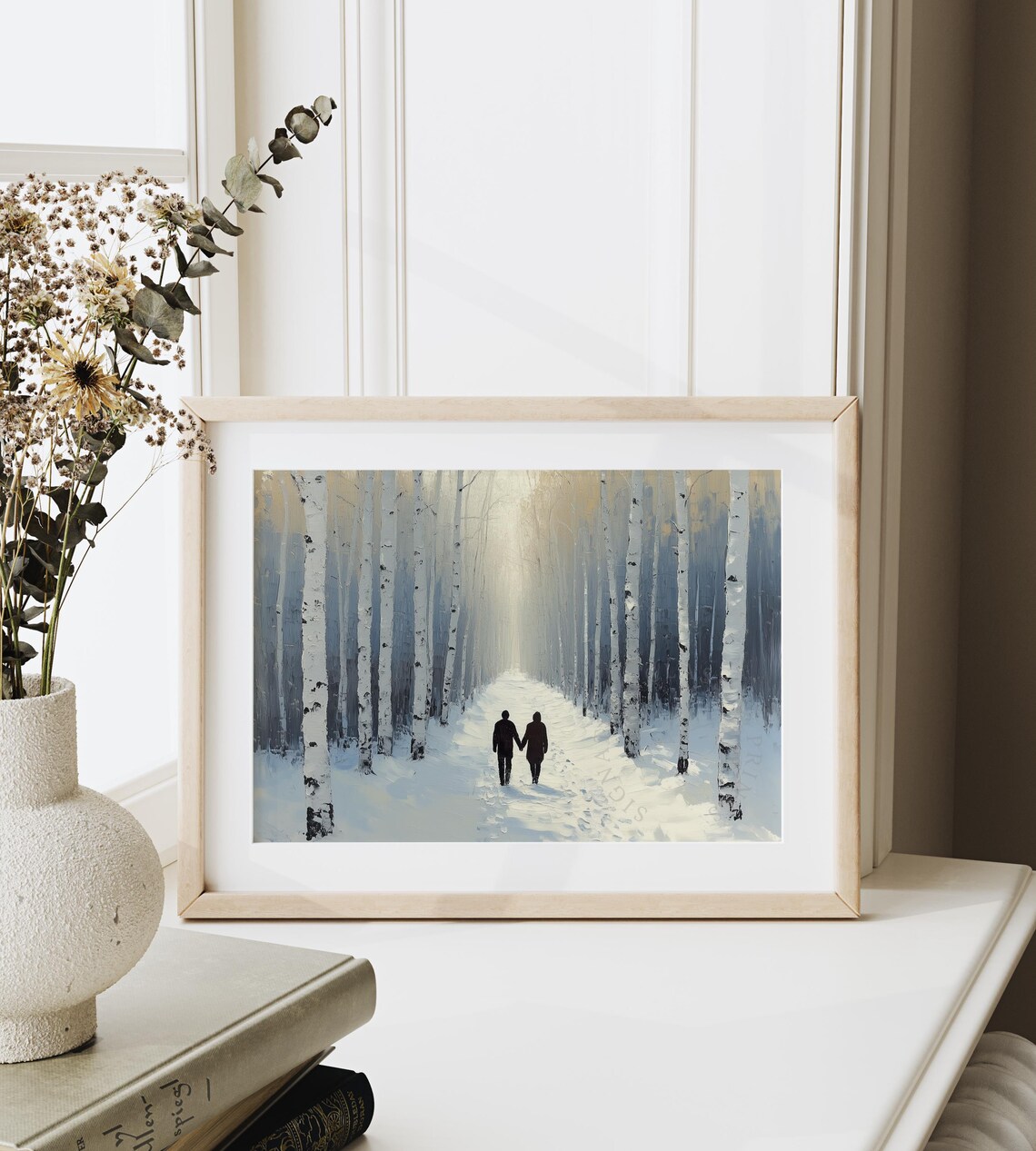 Couple Holding Hands on Snowy Birch Forest Path Romantic Art Poster - Image 6