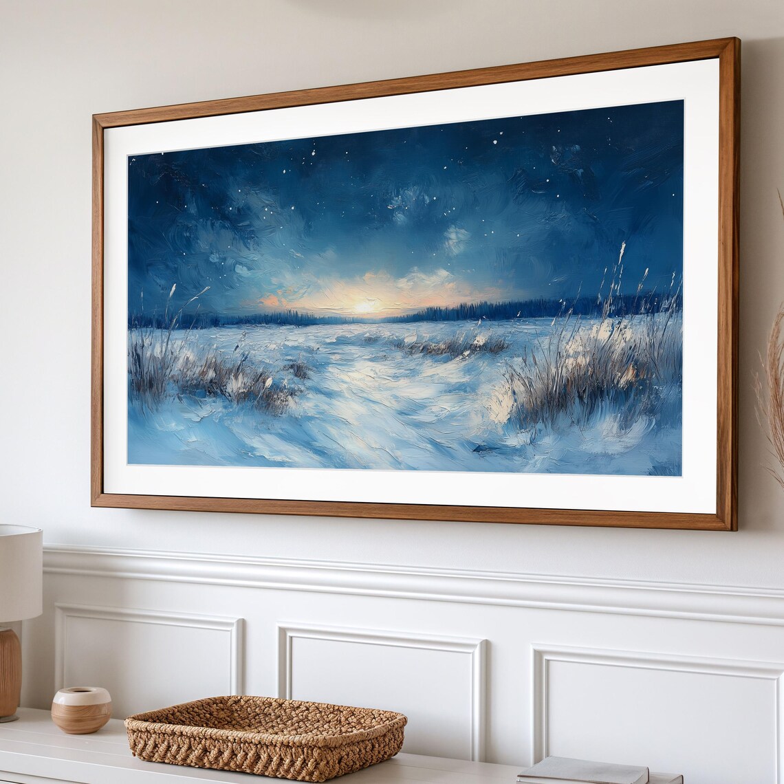 Starry Night Over Snowy Winter Field With Glowing Horizon Landscape Art Poster - Image 2