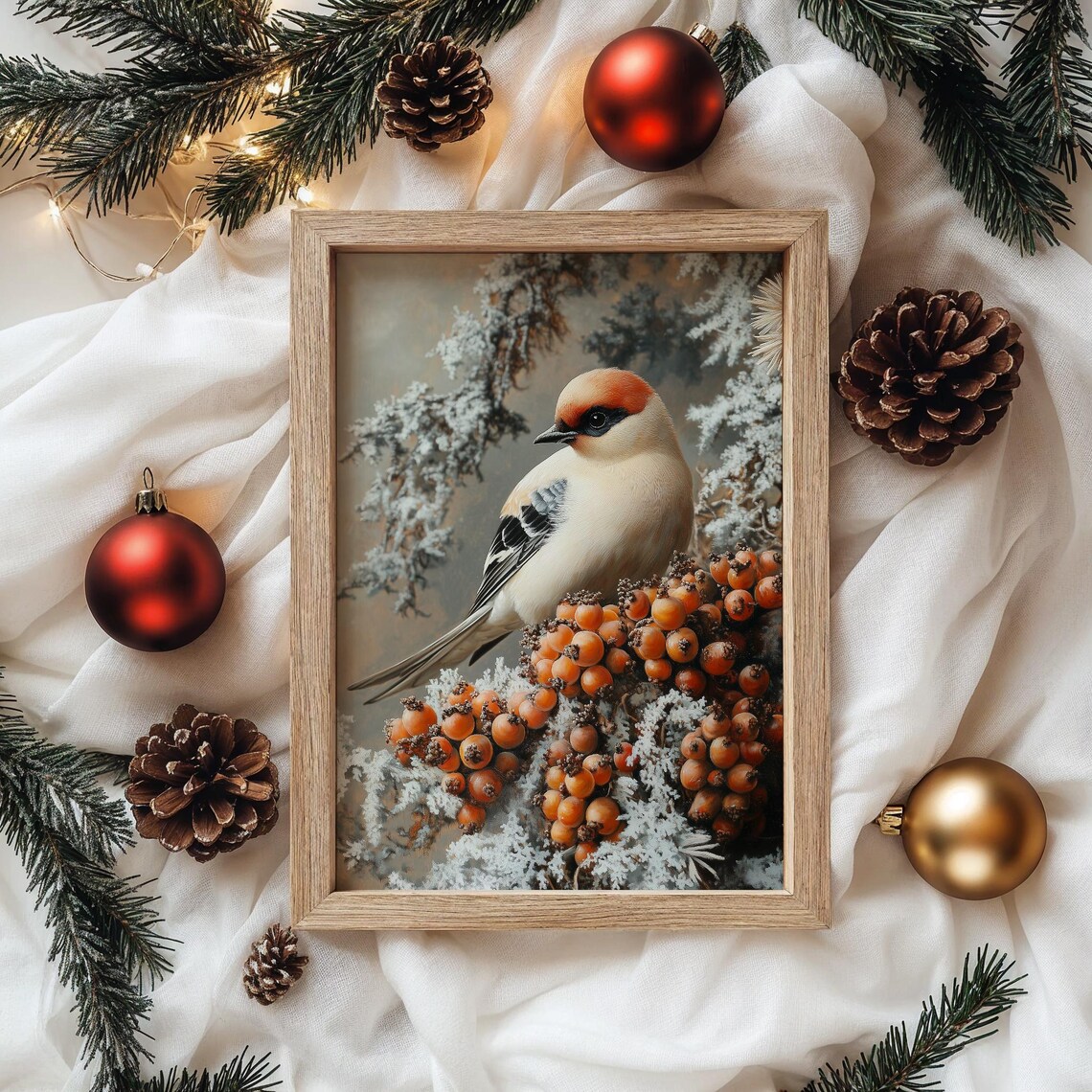 Songbird Perched Among Orange Winter Berries Frost Still Life Art Poster - Image 4