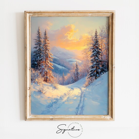 Quiet Winter Path Between Snowy Pines In Soft Sunset Glow Oil Painting Poster