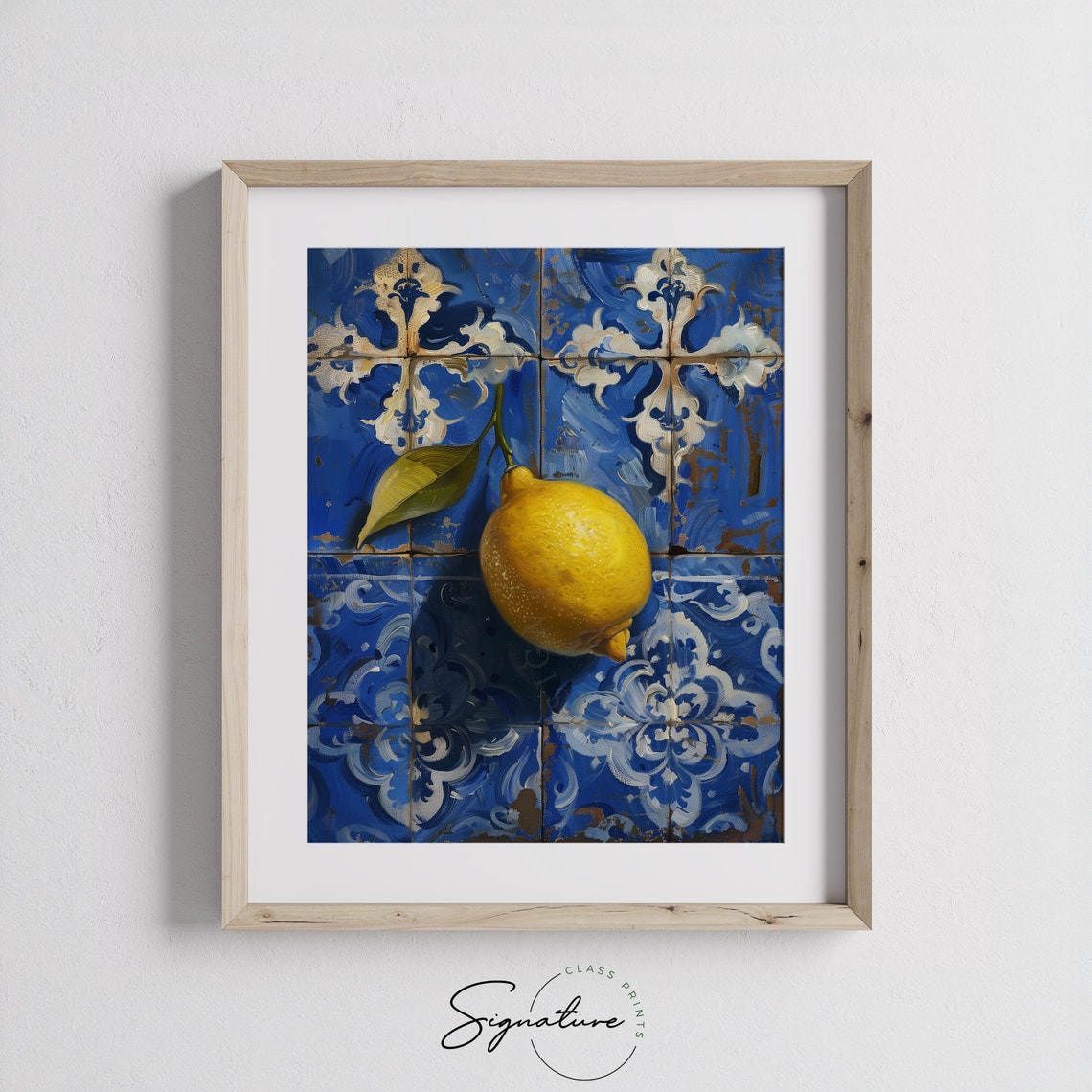 Lemon On Blue Mediterranean Tiles Citrus Still Life Art Poster - Image 3