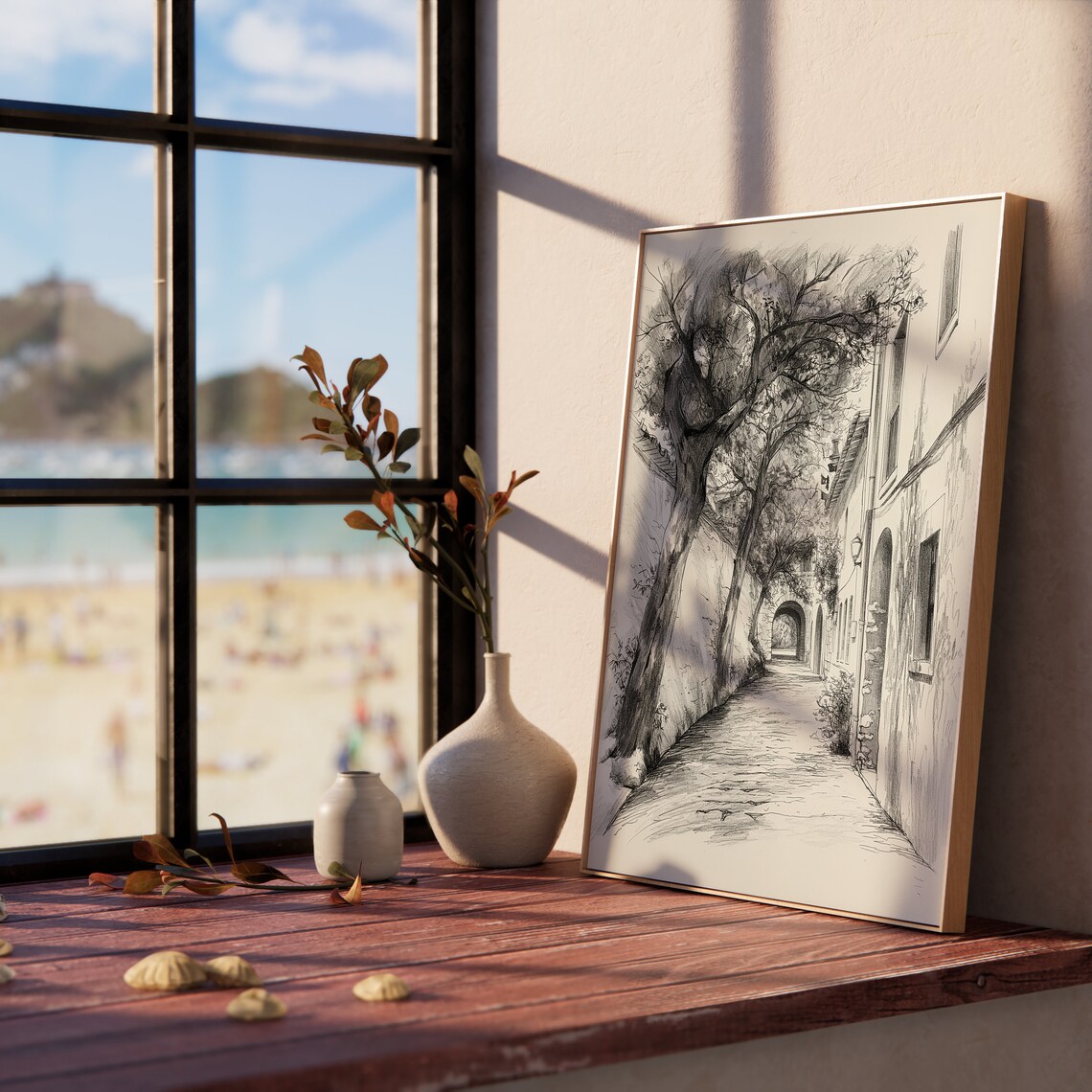 Old Town Alley With Arches And Trees Vintage Street Sketch Poster - Image 5