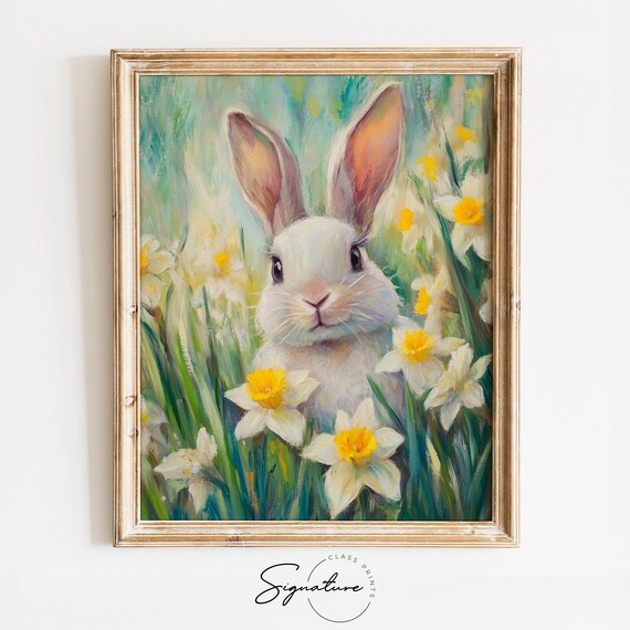 White Rabbit Field Of Daffodils Spring Impressionist Animal Poster