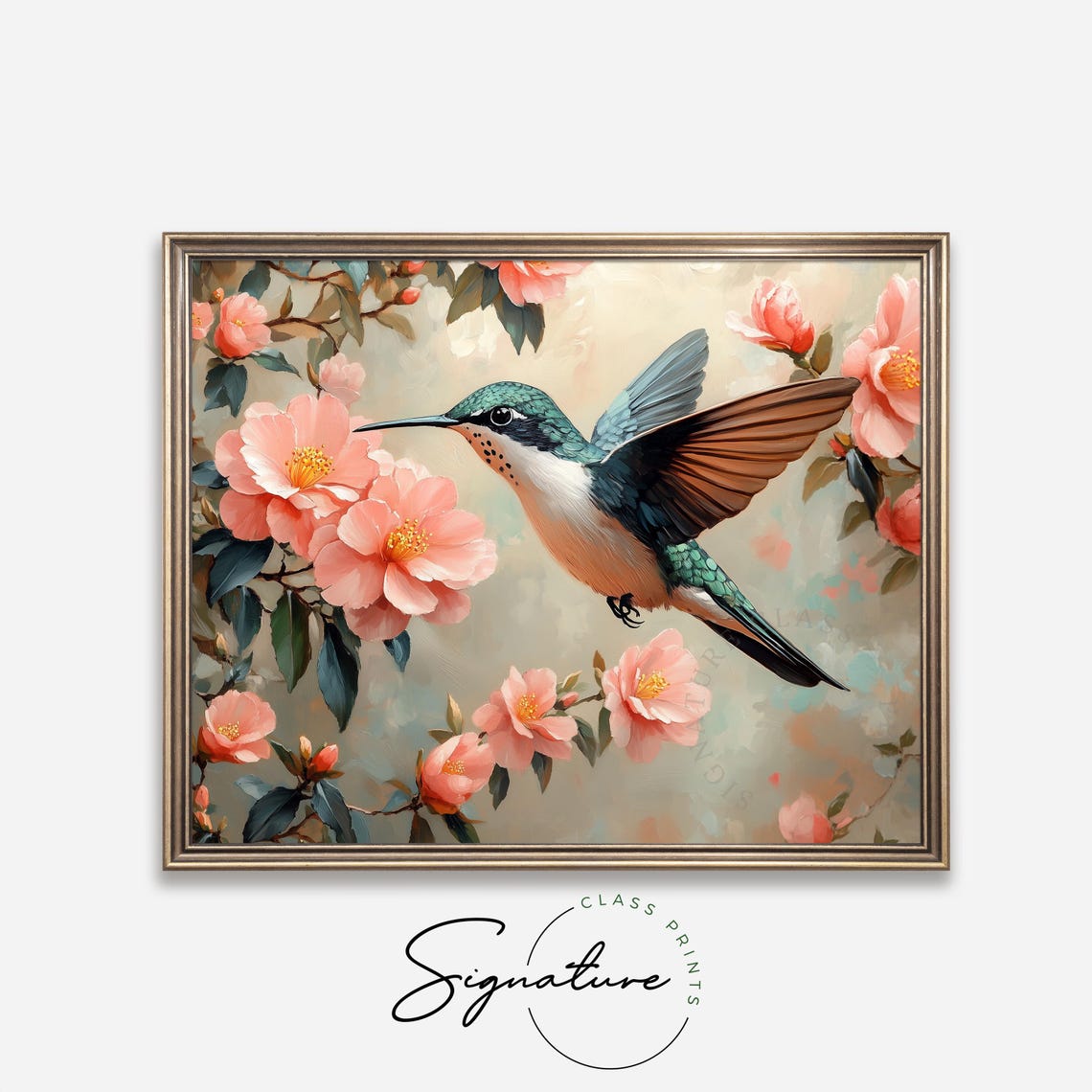 Hovering Hummingbird Among Pink Petals Cottagecore Spring Bird Poster - Image 4