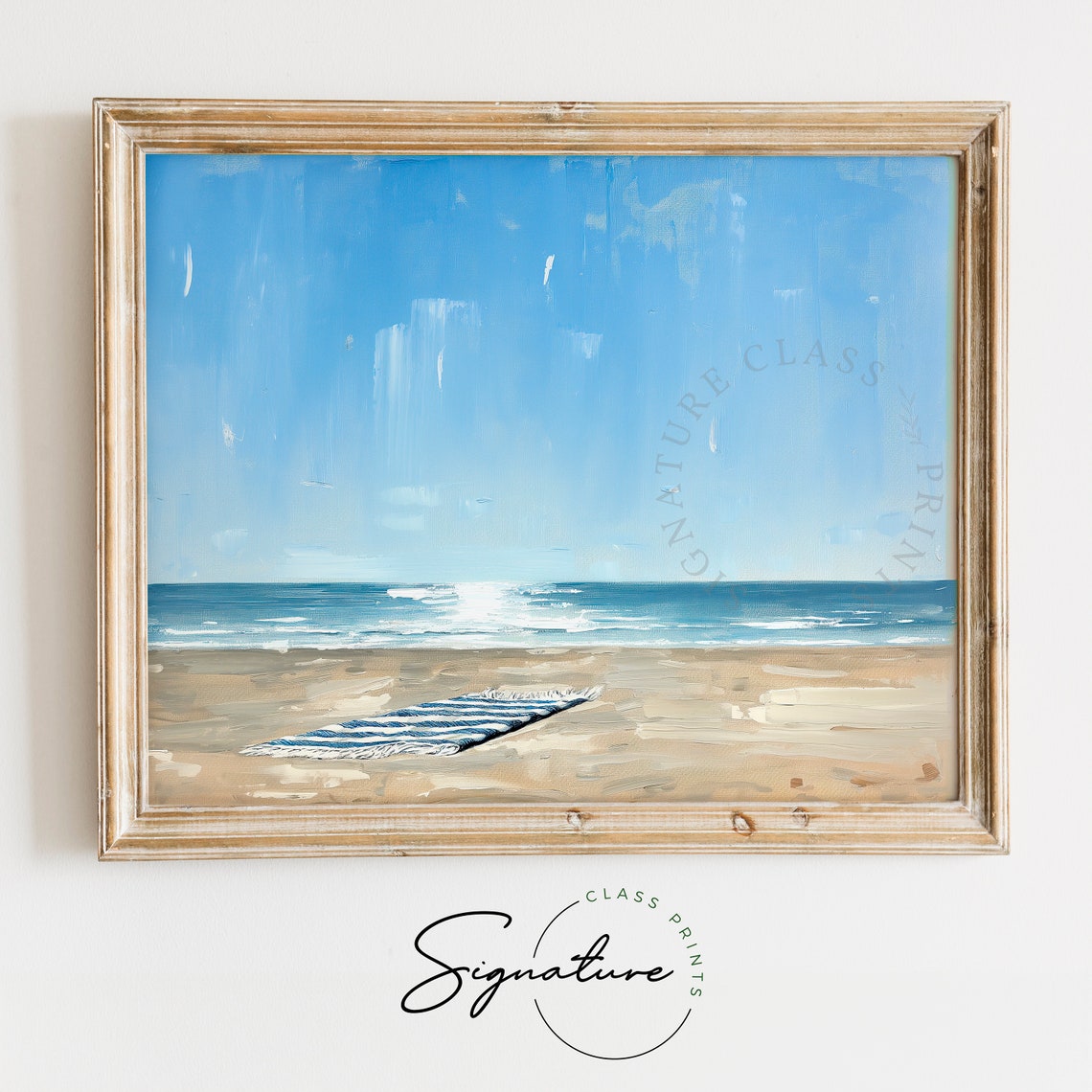 Empty Beach With Striped Towel Ocean Waves Minimalist Poster