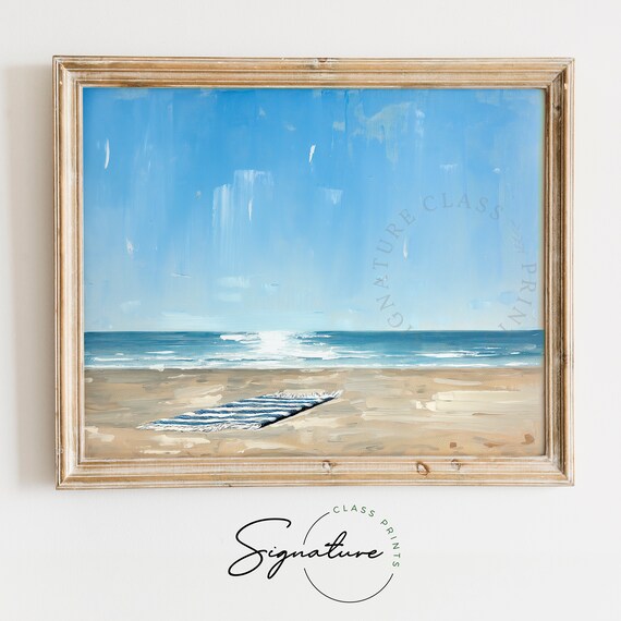 Empty Beach With Striped Towel Ocean Waves Minimalist Poster