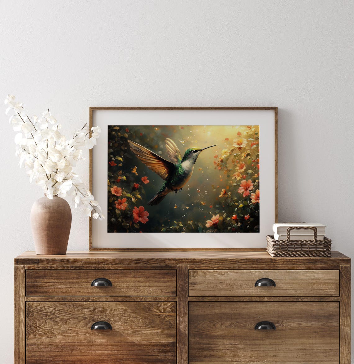Sunlit Hummingbird Among Red Orange Blossoms Dramatic Poster - Image 2