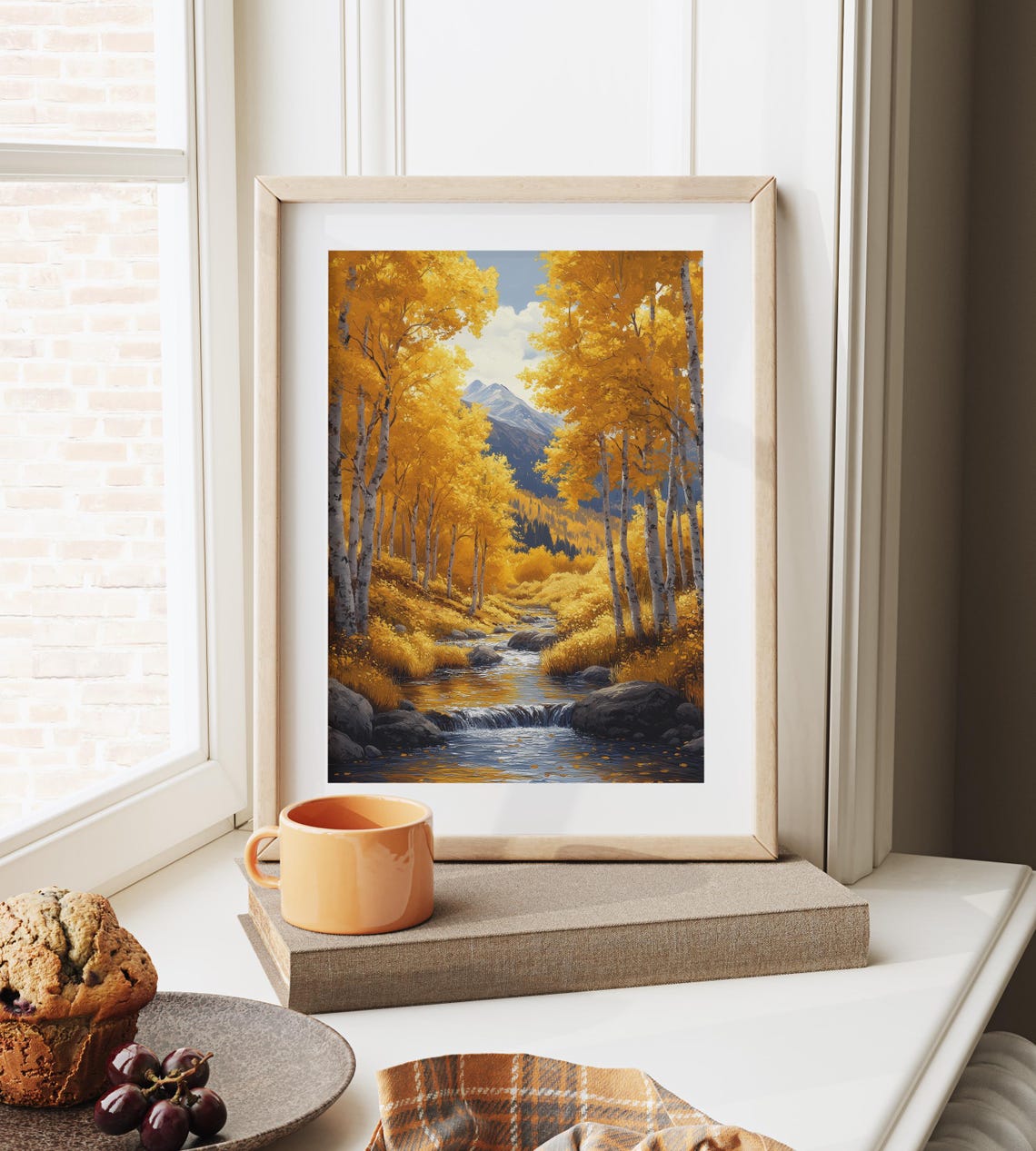 Golden Aspen Forest Mountain Stream Snowy Peak Landscape Print - Image 6