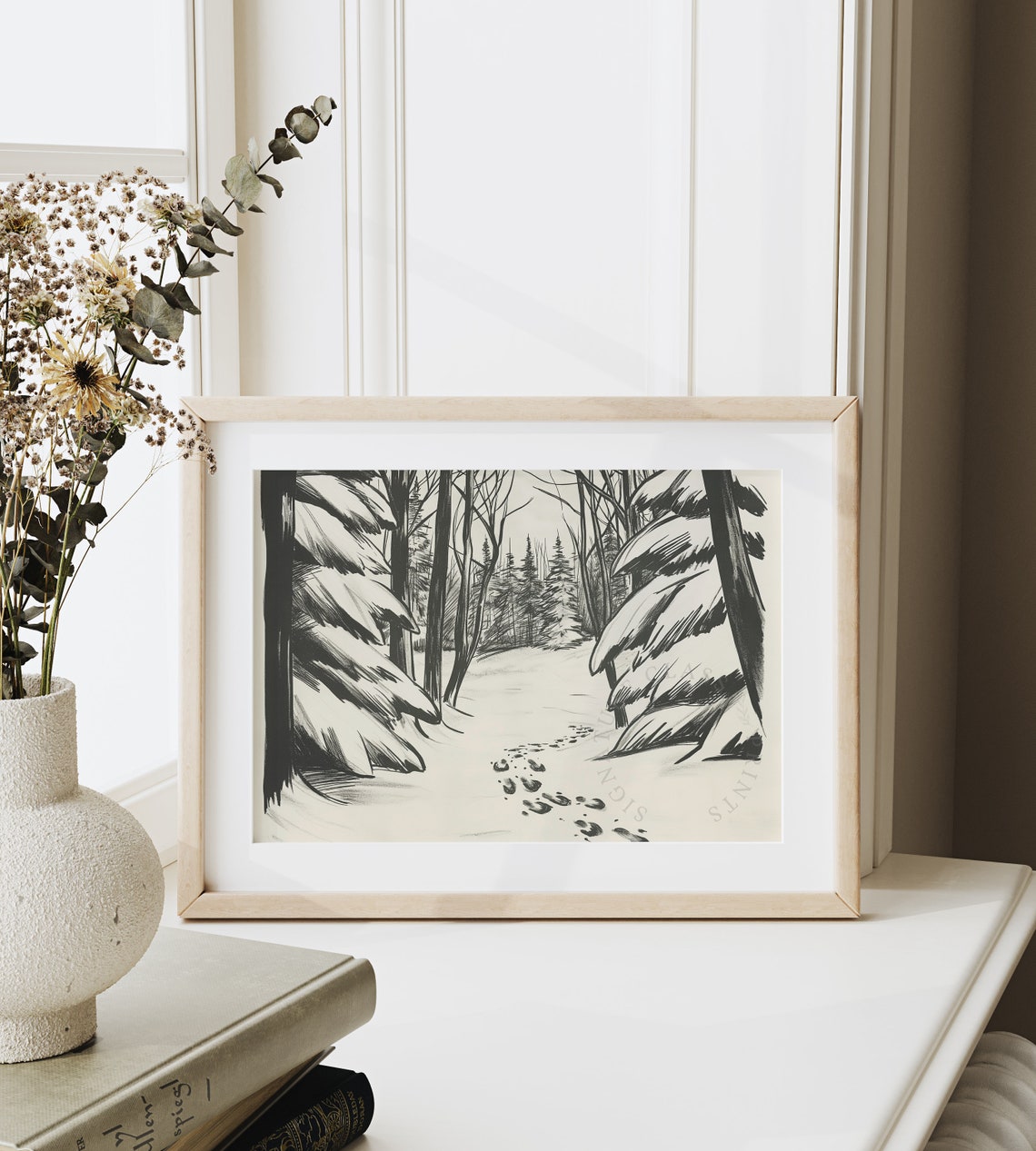 Snowy Path Through Winter Wood With Footprints Sketch Poster - Image 6