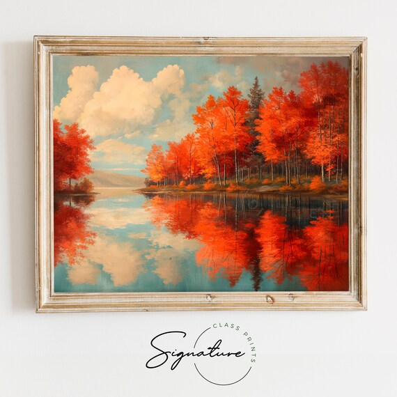 Vivid Orange Maple Trees Mirrored In Still Lake Clouds Poster