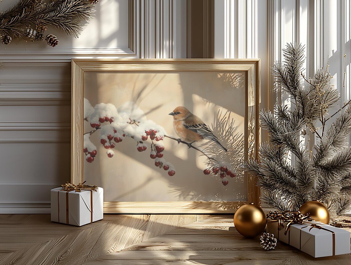 Common Chaffinch On Snowy Branch, Rustic Winter Poster - Image 6