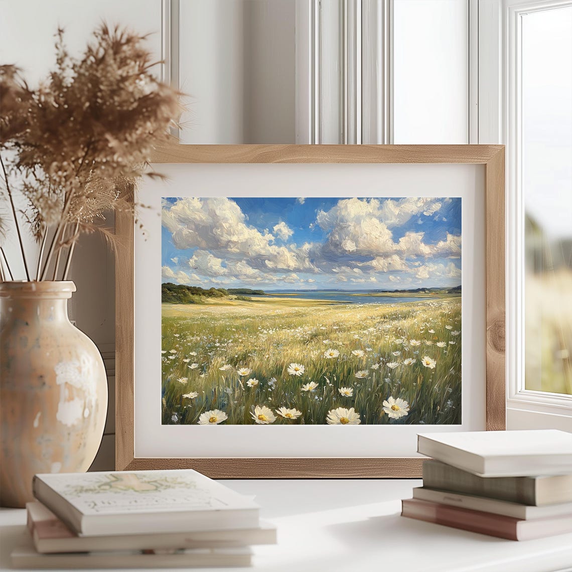 White Daisy Meadow Lakeside Dramatic Clouds Summer Wildflower Poster - Image 2