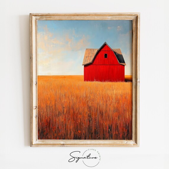 Solitary Red Barn Standing in a Vast Golden Field Minimalist Poster