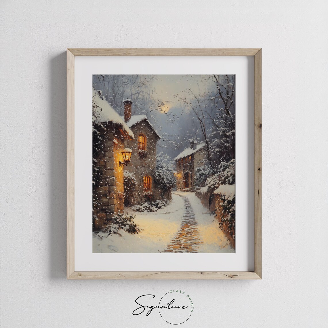 Snowy Village Cobblestone Alley With Glowing Lamps At Night Poster - Image 2