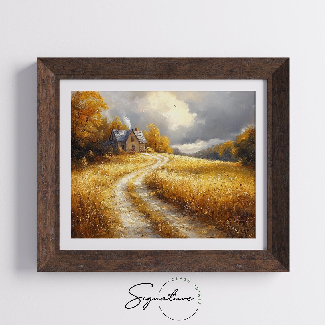 Country Farmhouse With Chimney Smoke Golden Grass Autumn Evening Poster - Image 5