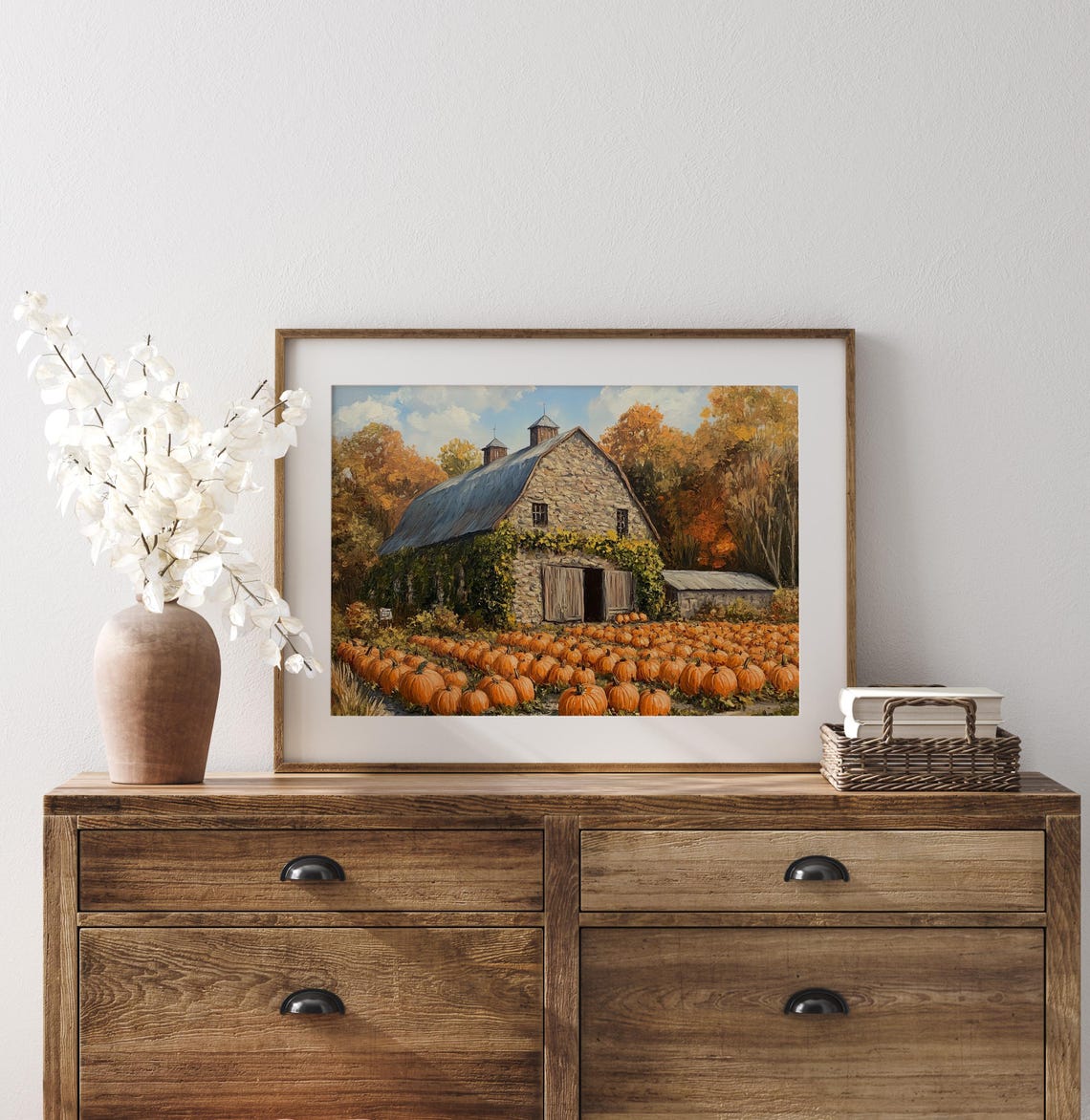 Stone Barn Behind a Bountiful Pumpkin Patch in Golden Autumn Poster - Image 3