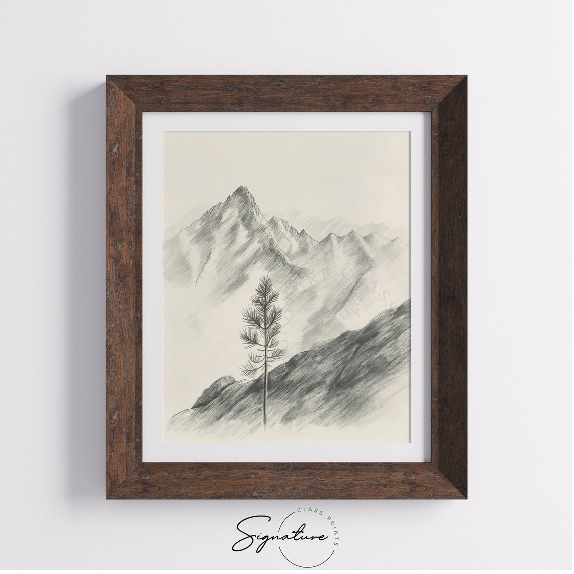 Lone Pine Tree Before High Mountain Peaks Serene Sketch Art Poster - Image 4