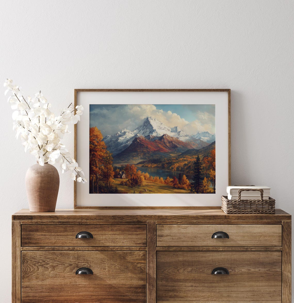 Alpine Autumn Glory Snowy Peaks Golden Lake Cabin Fall Poster - Image 3
