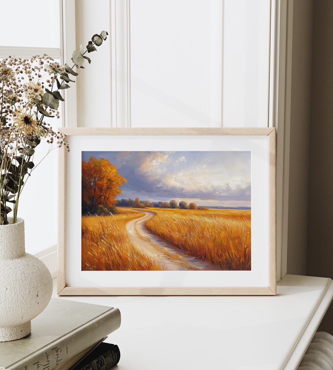Golden Wheat Field Winding Path Sunset Prairie Painting Print - Image 6