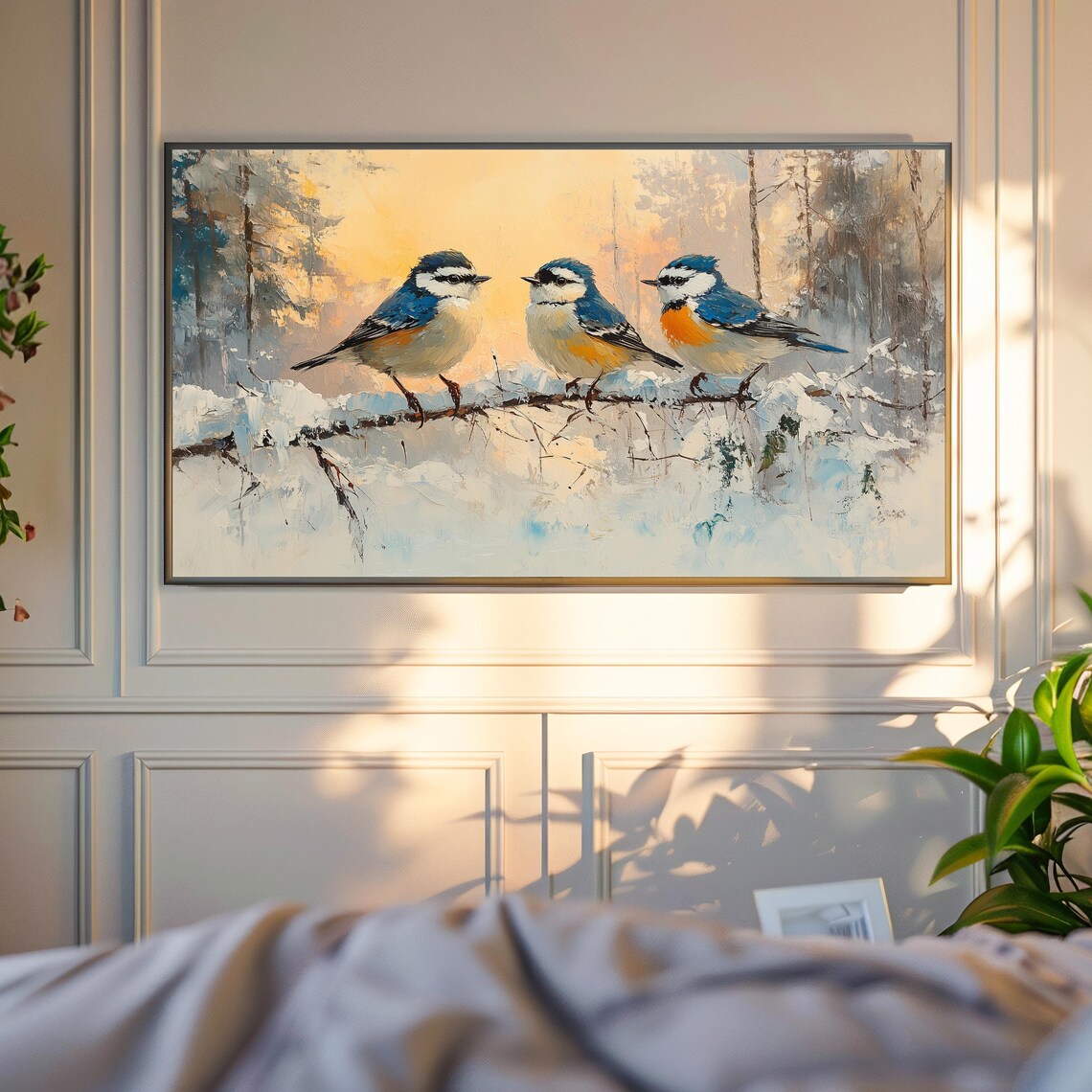 Nuthatch Trio On Snowy Branch At Golden Sunset Winter Bird Art Poster - Image 4