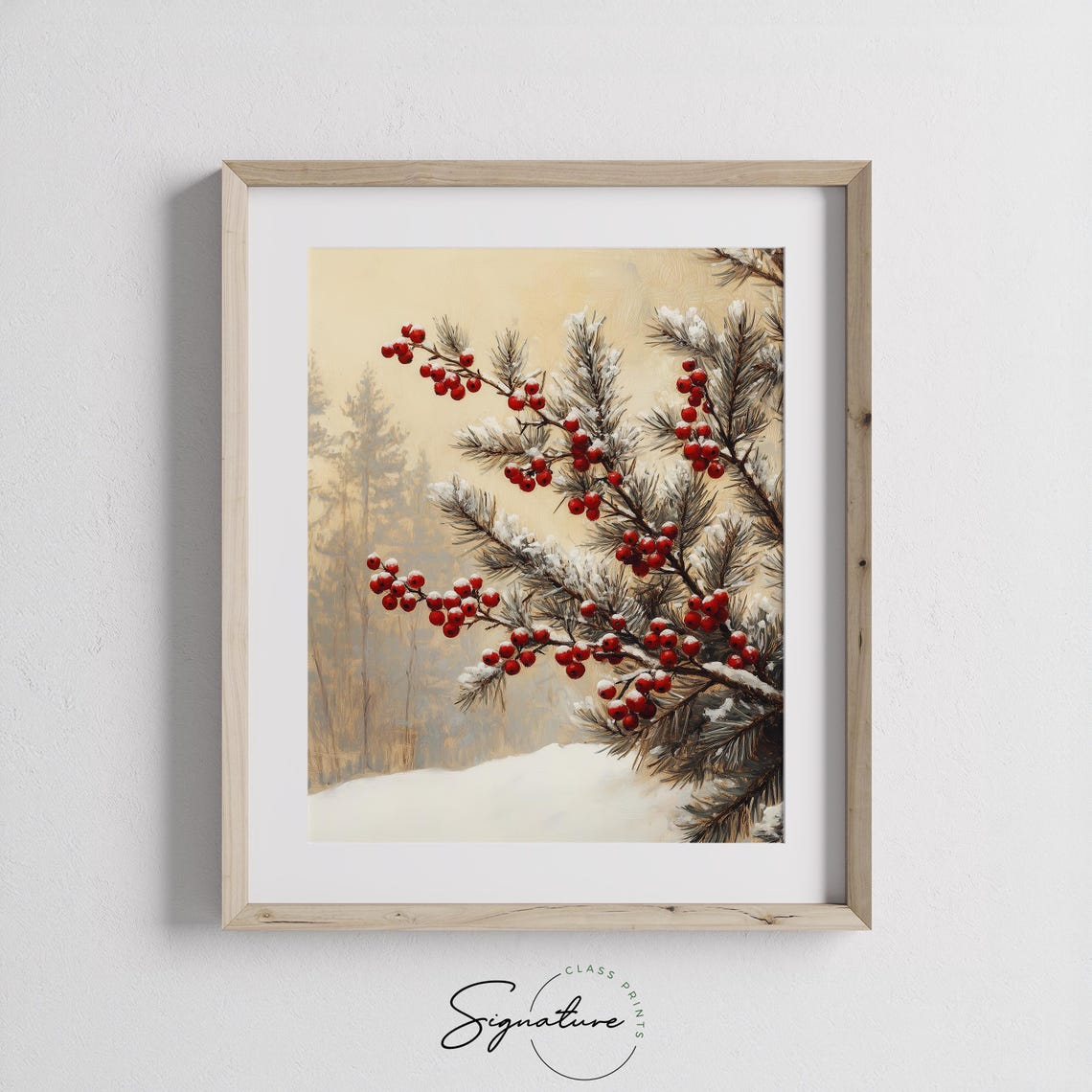 Red Winter Berries on Snow Dusted Pine Branches Botanical Poster - Image 2