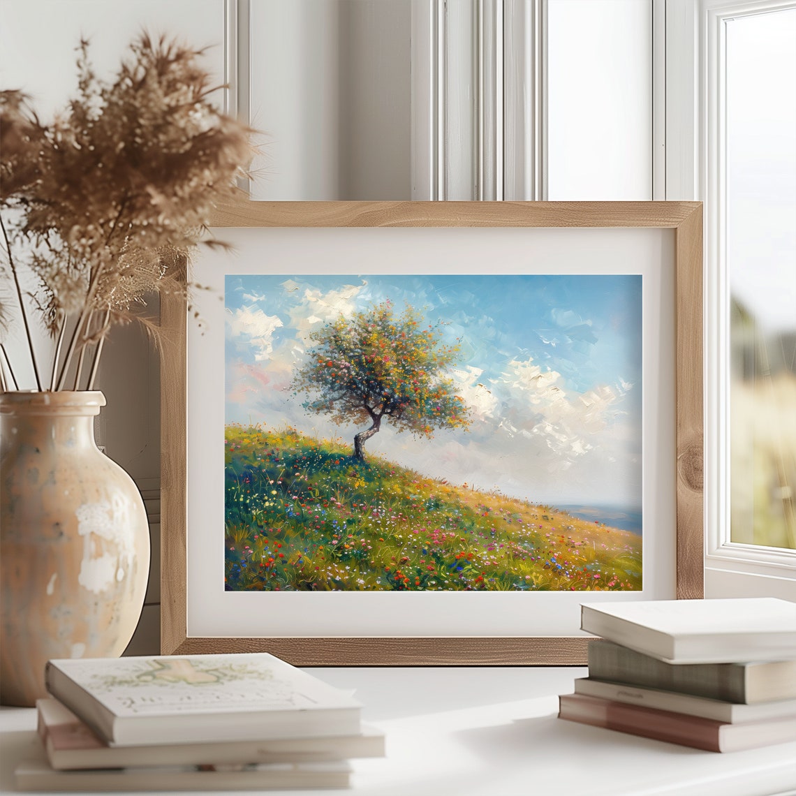 Blossoming Beech Tree On Wildflower Hillside Bright Sky Poster - Image 2