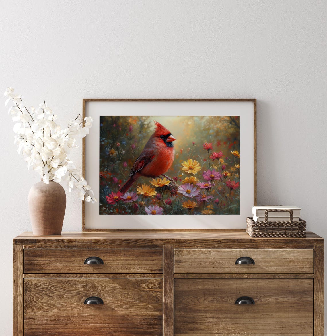 Northern Cardinal Perched In Colorful Wildflower Meadow Poster - Image 2