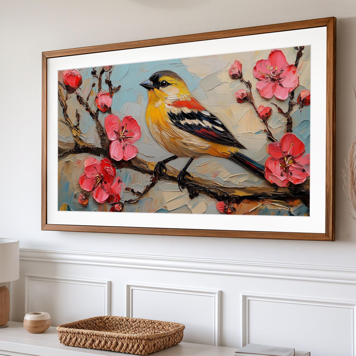 Goldfinch Pink Plum Blossom Branch Colorful Bird Spring Floral Painting Poster - Image 2