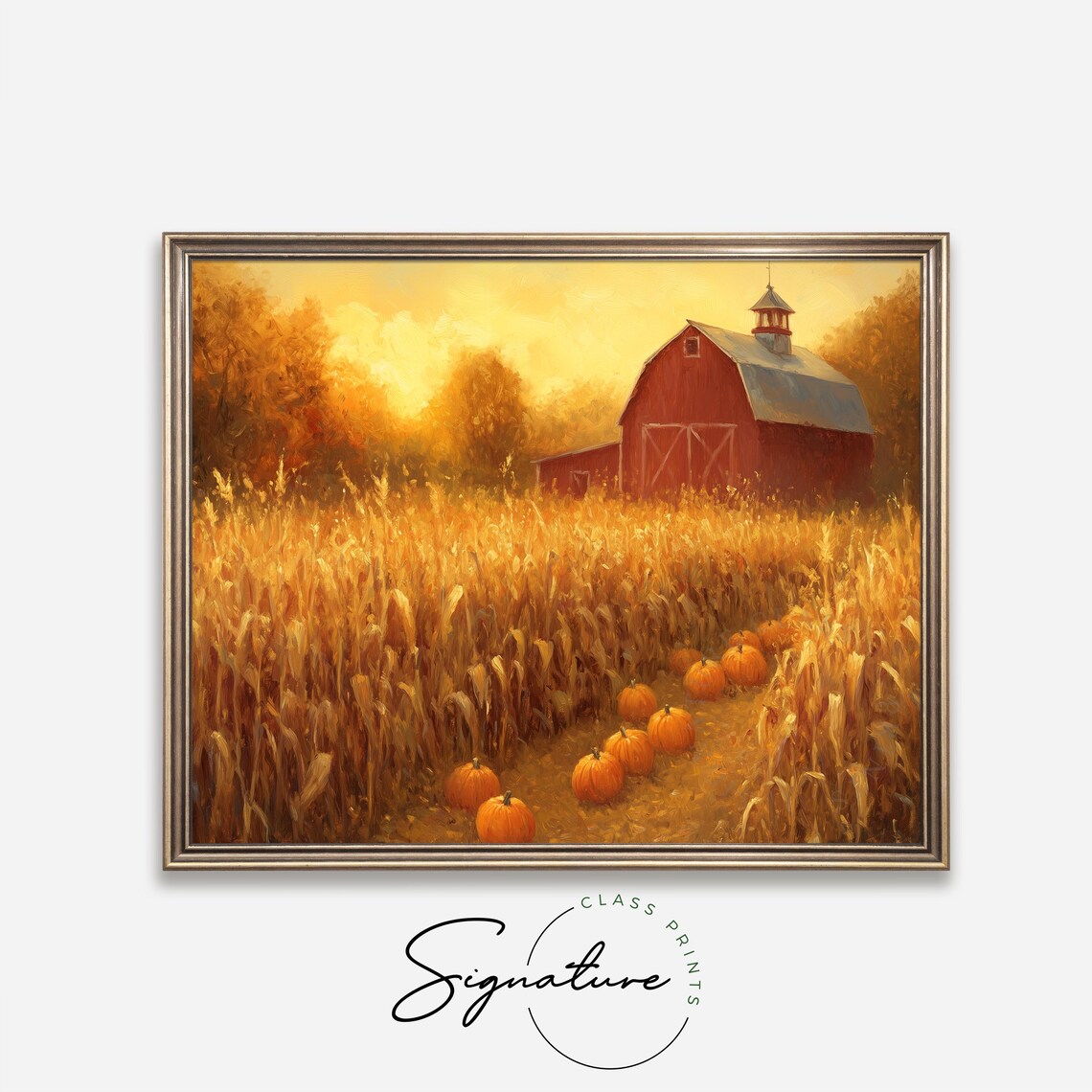 Red Barn Sunset Painting Golden Cornfield Pumpkins Autumn Fall Decor Poster - Image 4