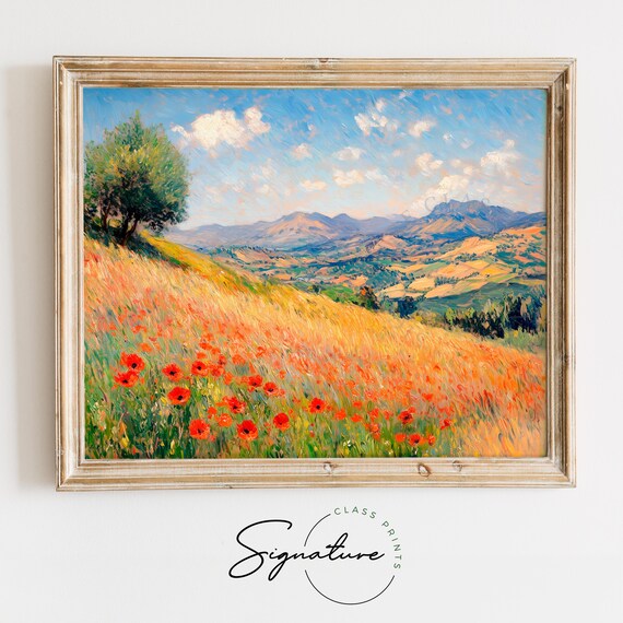 Red Poppies Blooming on a Hillside Above Rolling Summer Valley Poster