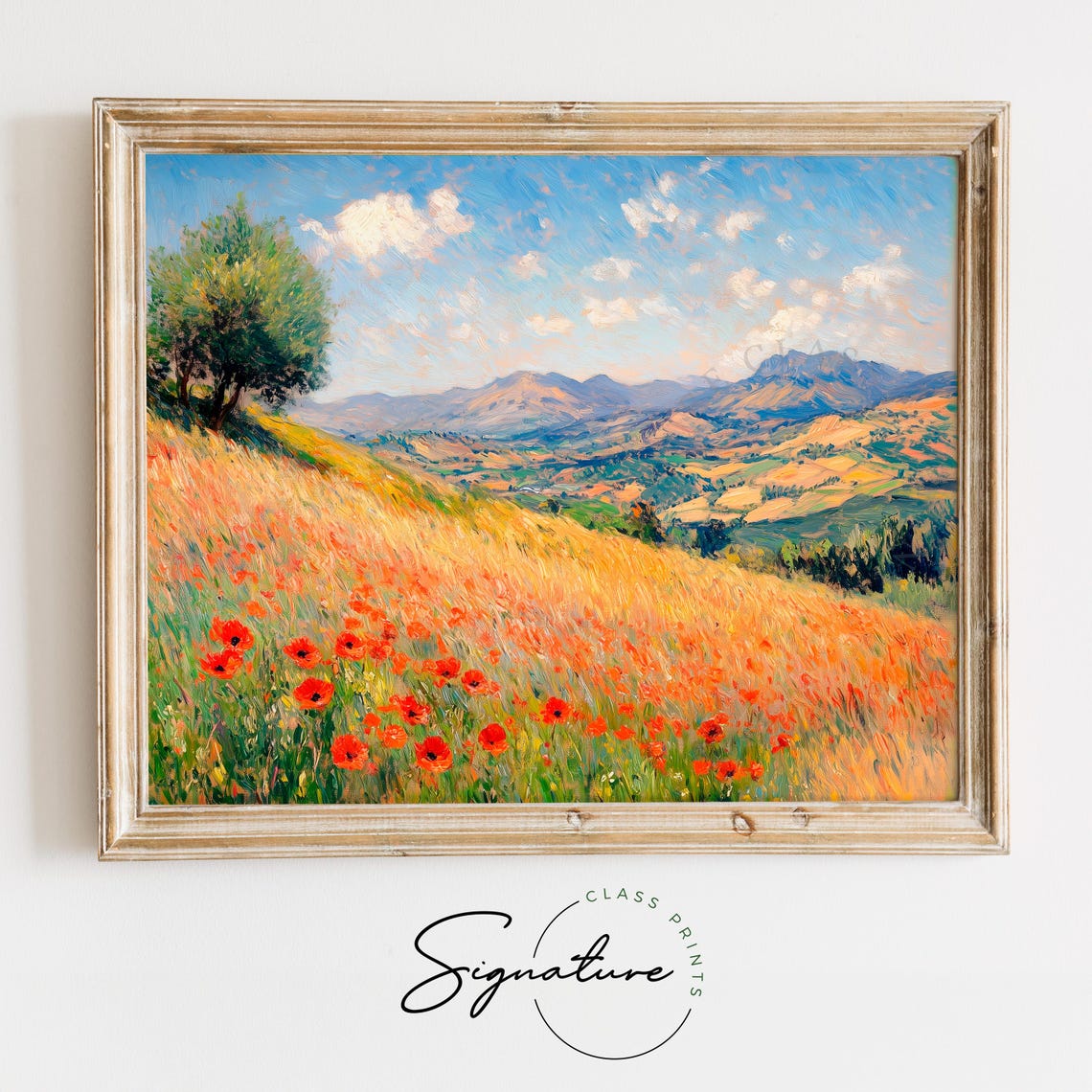 Red Poppies Blooming on a Hillside Above Rolling Summer Valley Poster