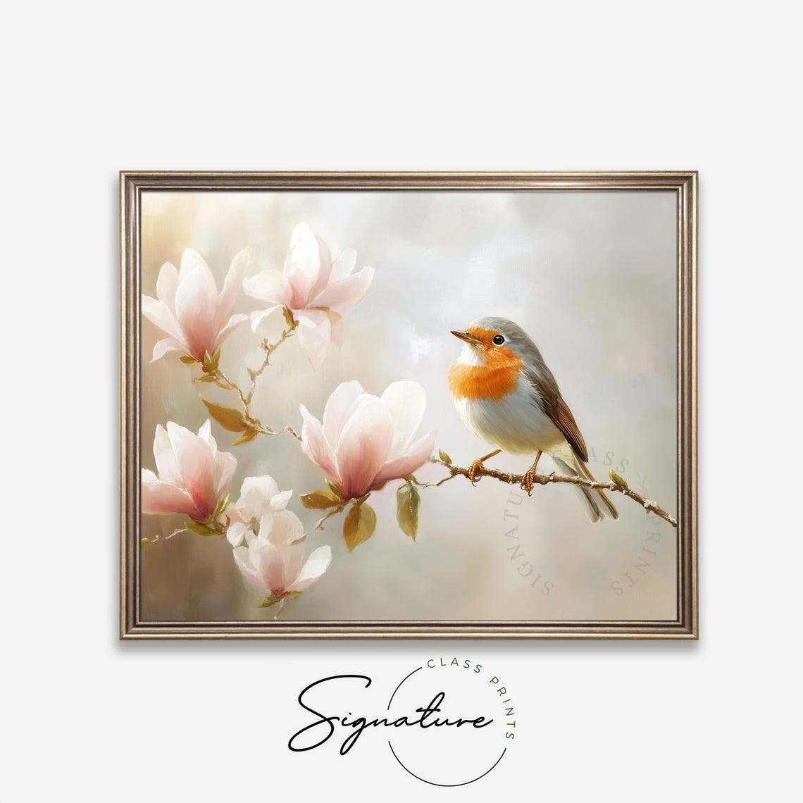 Robin Perched On Magnolia Branch With Soft Pink Blooms Wall Art - Image 4