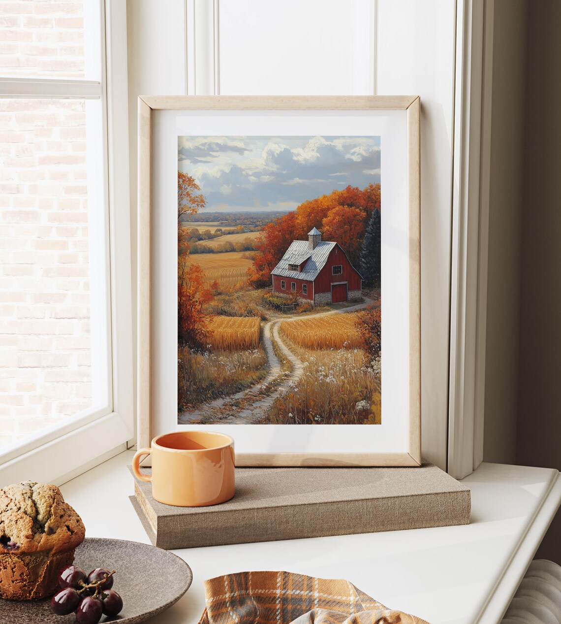 Red Barn Autumn Landscape With Golden Wheat Fields and Winding Path Wall Art - Image 6