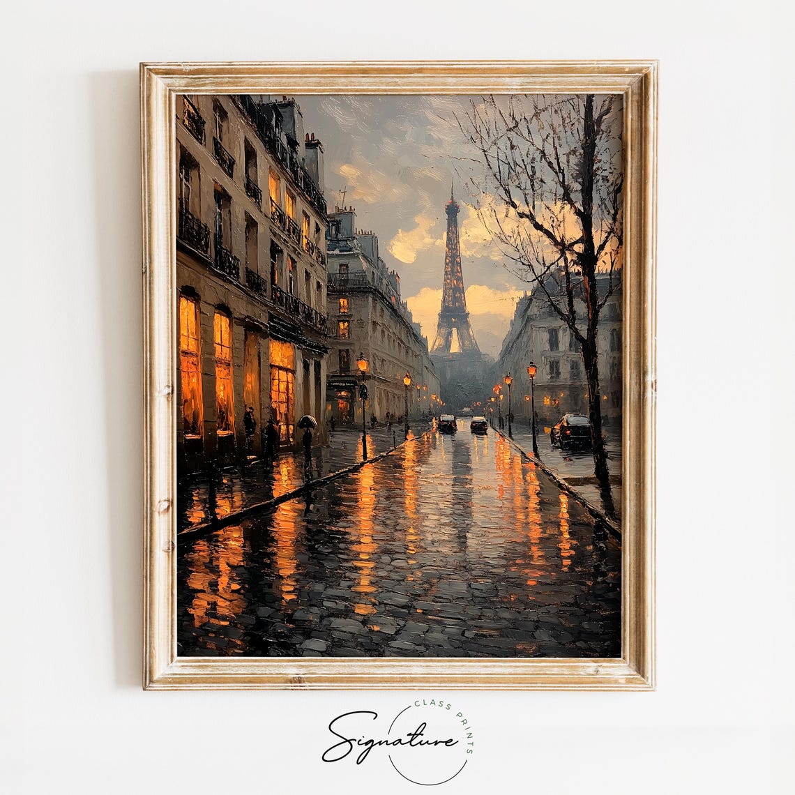 Rainy Paris Evening Eiffel Tower Wet Cobblestone Street Poster