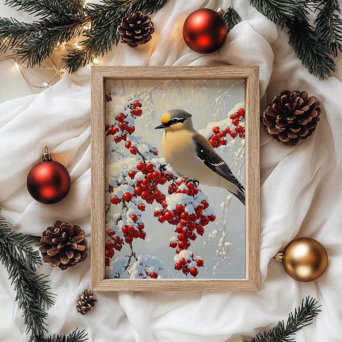 Bohemian Waxwing Resting On Snowy Branch With Red Berries Art Poster - Image 4