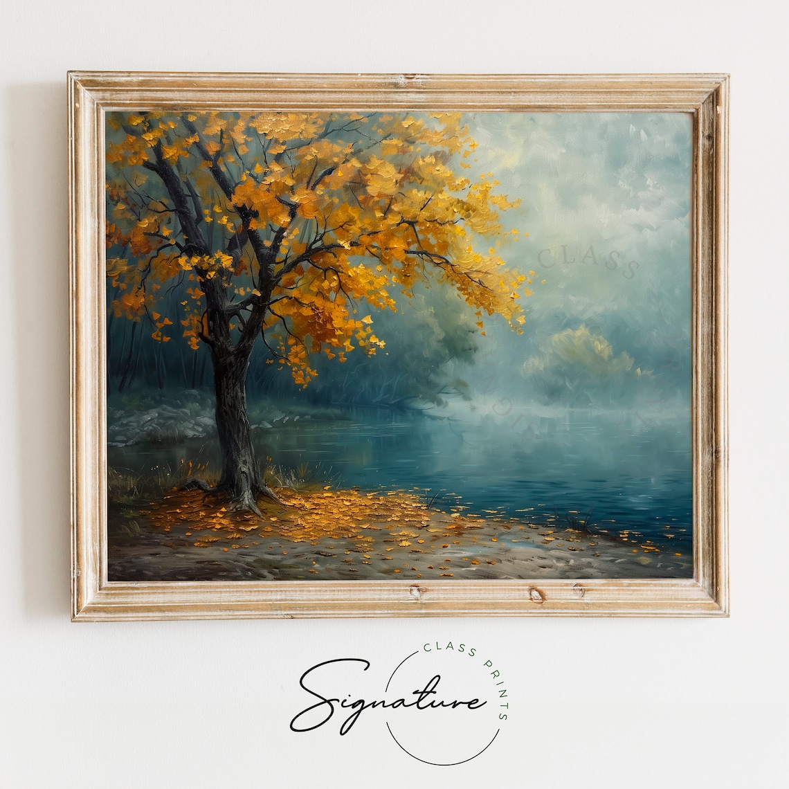 Golden Chestnut Tree Beside Foggy Lakeside Misty Autumn Poster