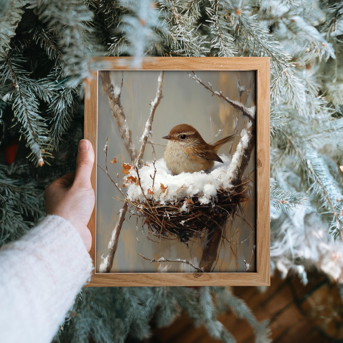 Winter Wren in Snow-Filled Nest Rustic Wildlife Art Print - Image 6